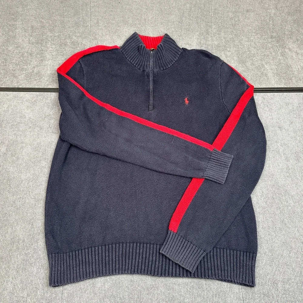 Polo Ralph Lauren Mens XL Quarter Zip Y2k Sweater‎ Navy Blue Red Stripe Cotton
